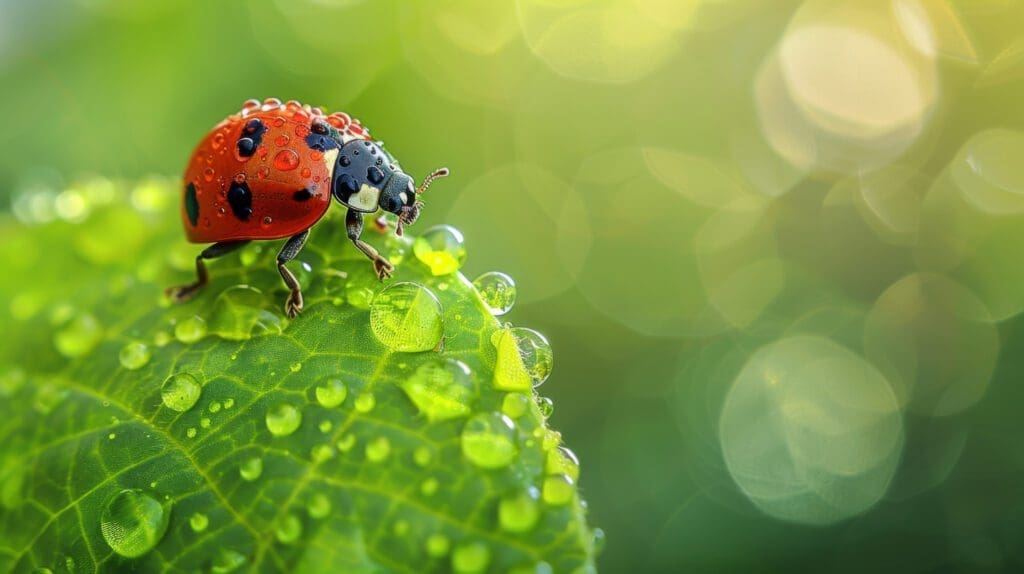 Vivid red lady bug on a dewy green leaf